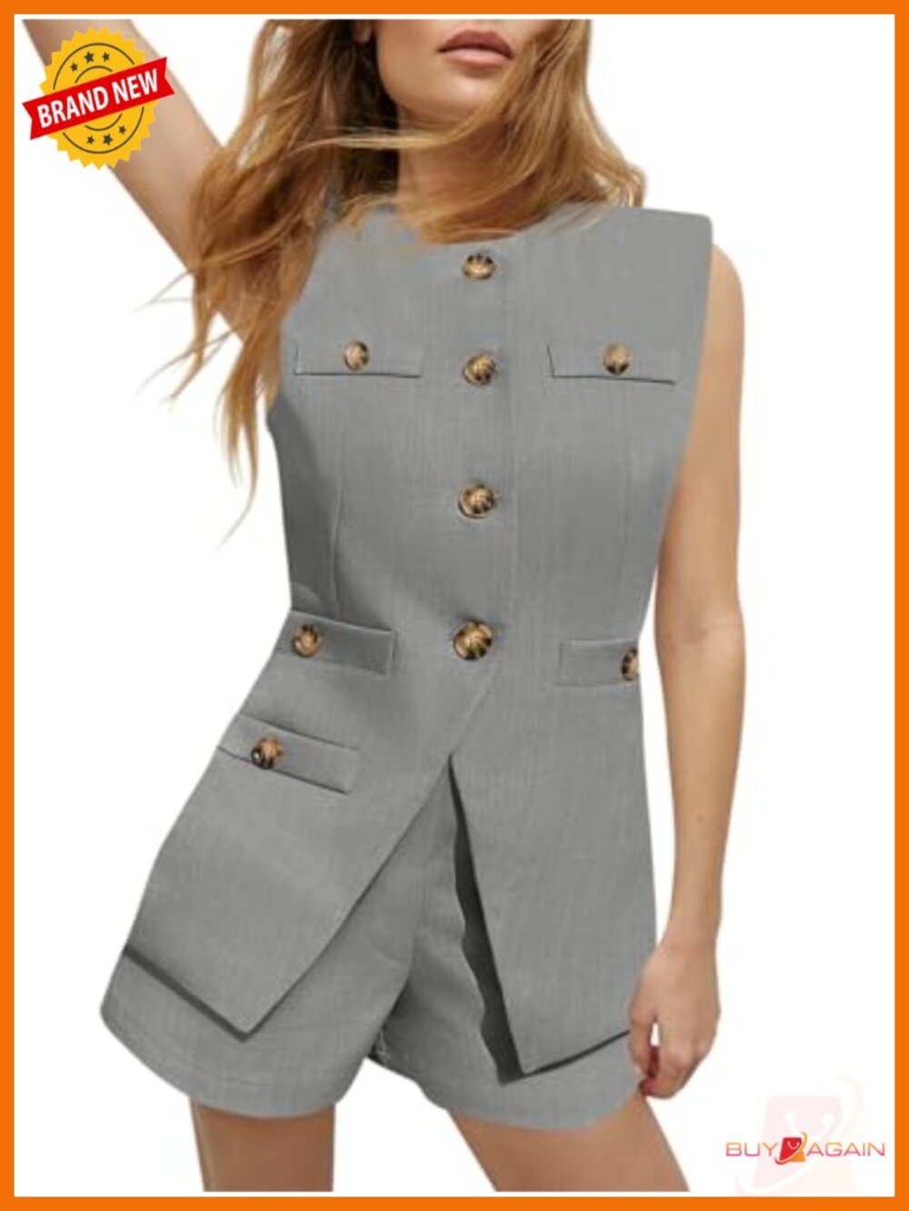 Women's 2 Piece Linen Vest and Shorts Set - Sleeveless Blazer Suit with Pockets